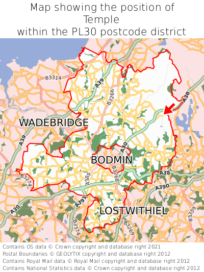 Map showing location of Temple within PL30