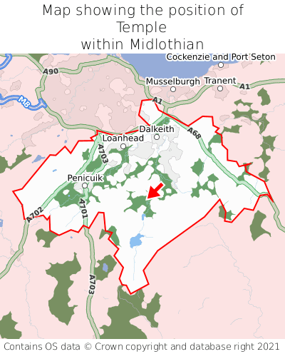 Map showing location of Temple within Midlothian