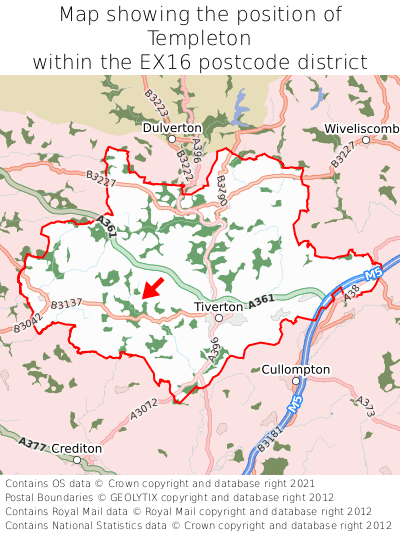 Map showing location of Templeton within EX16