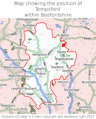 Map showing location of Tempsford within Bedfordshire