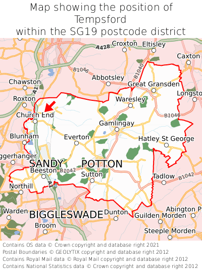 Map showing location of Tempsford within SG19