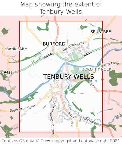 Map showing extent of Tenbury Wells as bounding box