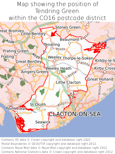 Map showing location of Tendring Green within CO16