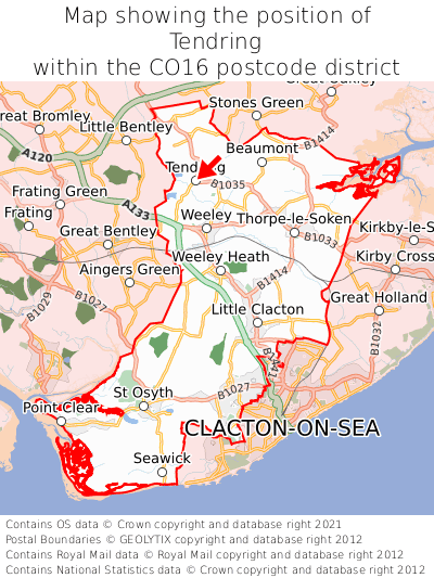 Map showing location of Tendring within CO16