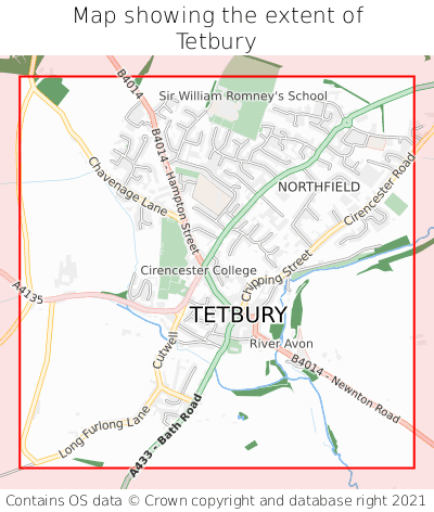 Map showing extent of Tetbury as bounding box