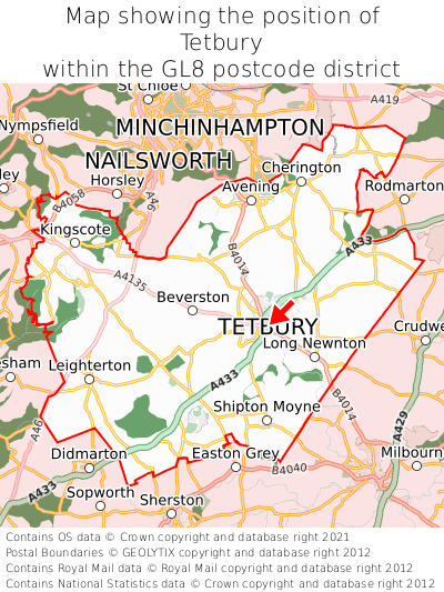 Map showing location of Tetbury within GL8