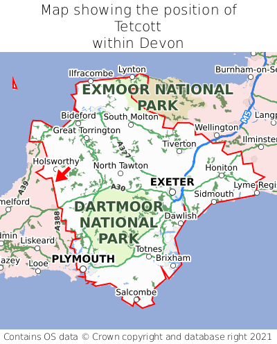 Map showing location of Tetcott within Devon