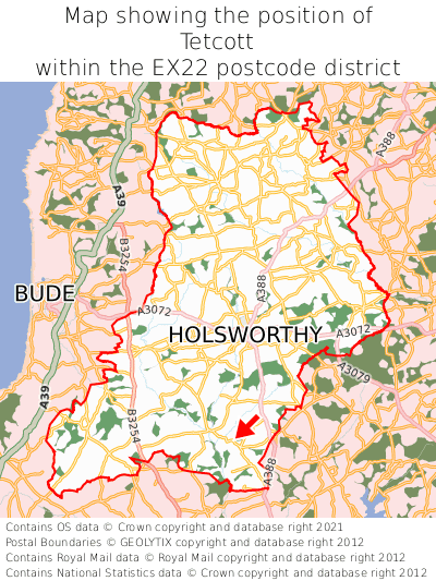 Map showing location of Tetcott within EX22