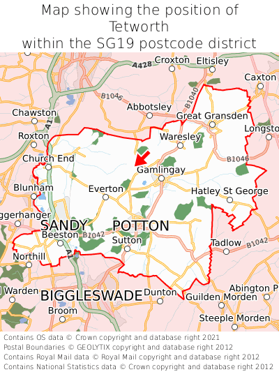 Map showing location of Tetworth within SG19