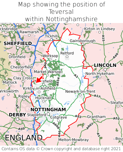 Map showing location of Teversal within Nottinghamshire