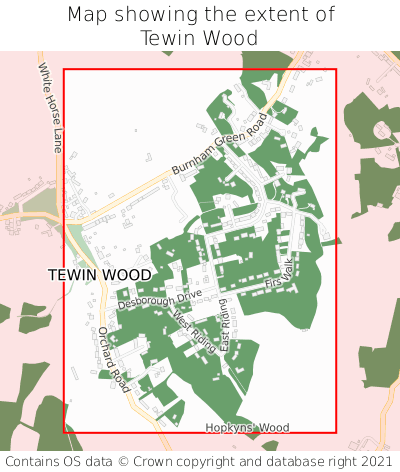Map showing extent of Tewin Wood as bounding box