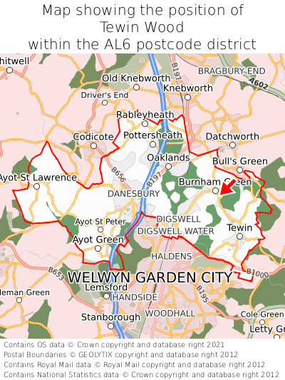 Map showing location of Tewin Wood within AL6