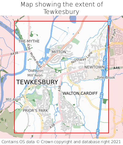 Map showing extent of Tewkesbury as bounding box