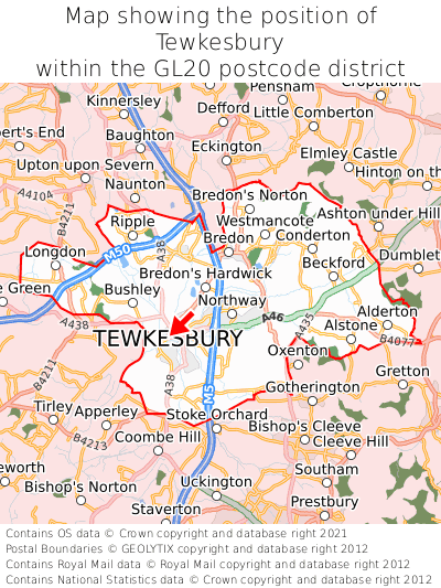 Map showing location of Tewkesbury within GL20