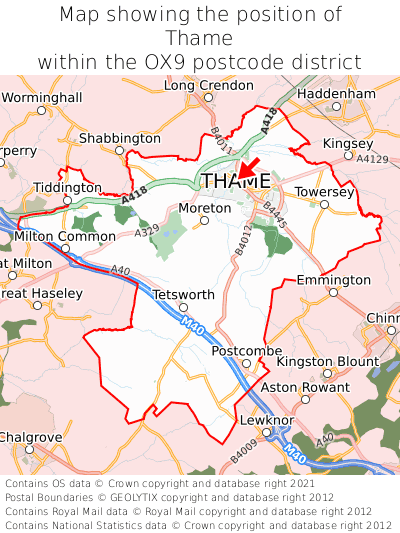 Map showing location of Thame within OX9