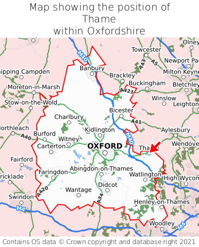 Map showing location of Thame within Oxfordshire