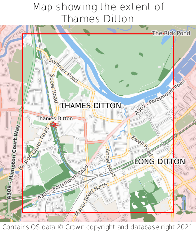 Map showing extent of Thames Ditton as bounding box