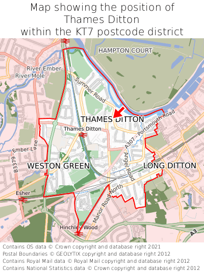 Map showing location of Thames Ditton within KT7
