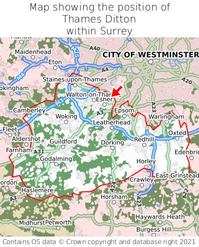 Map showing location of Thames Ditton within Surrey
