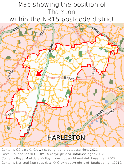Map showing location of Tharston within NR15