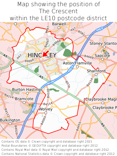 Map showing location of The Crescent within LE10