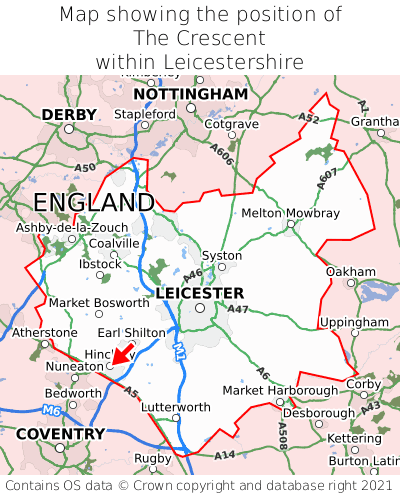 Map showing location of The Crescent within Leicestershire