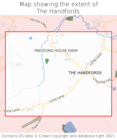 Map showing extent of The Handfords as bounding box