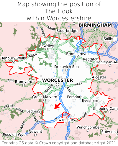 Map showing location of The Hook within Worcestershire