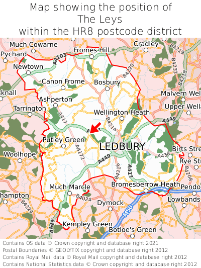 Map showing location of The Leys within HR8