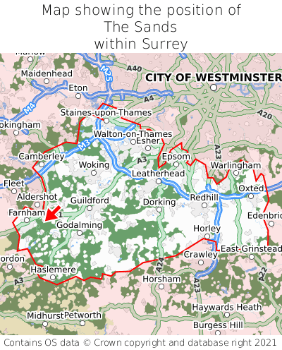 Map showing location of The Sands within Surrey