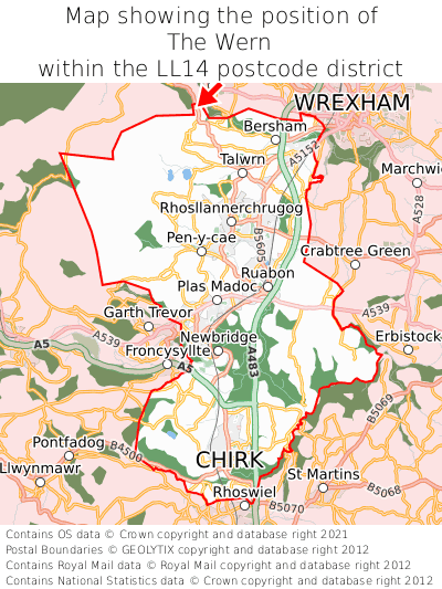 Map showing location of The Wern within LL14