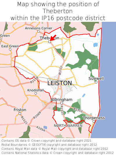 Map showing location of Theberton within IP16