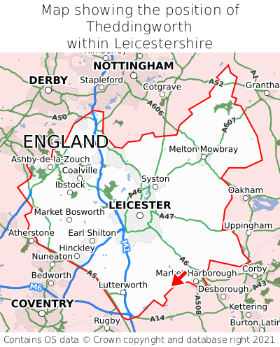 Map showing location of Theddingworth within Leicestershire
