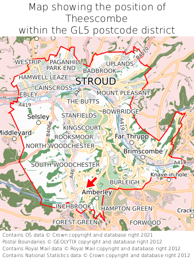 Map showing location of Theescombe within GL5