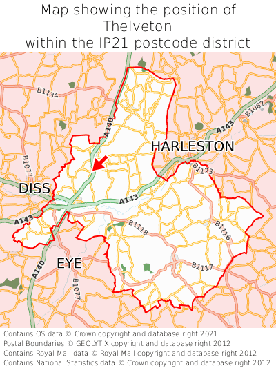 Map showing location of Thelveton within IP21