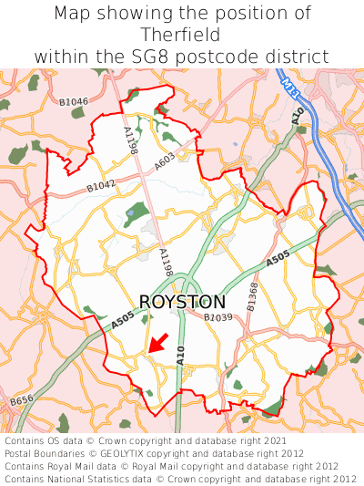 Map showing location of Therfield within SG8