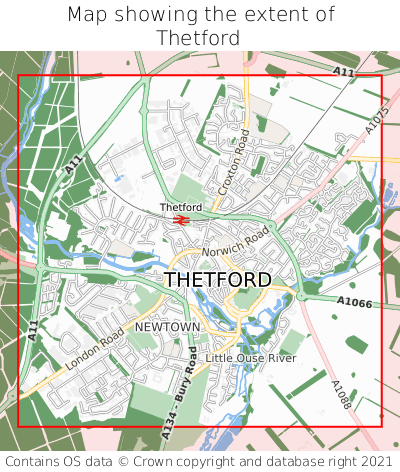 Map showing extent of Thetford as bounding box