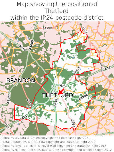 Map showing location of Thetford within IP24