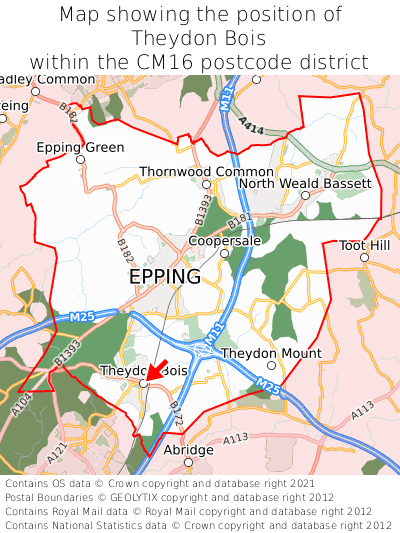 Map showing location of Theydon Bois within CM16