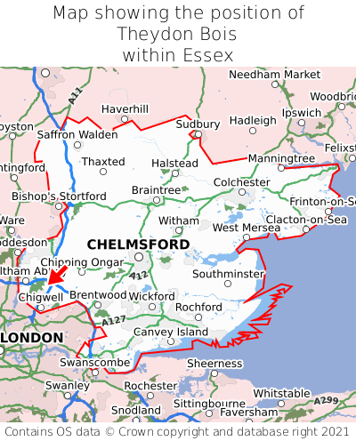 Map showing location of Theydon Bois within Essex