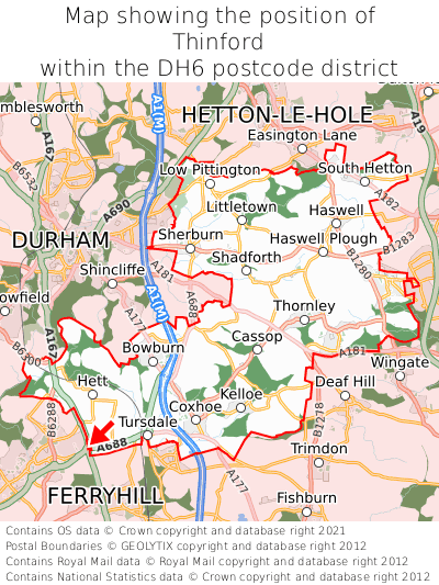 Map showing location of Thinford within DH6