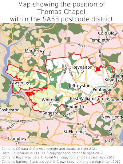 Map showing location of Thomas Chapel within SA68