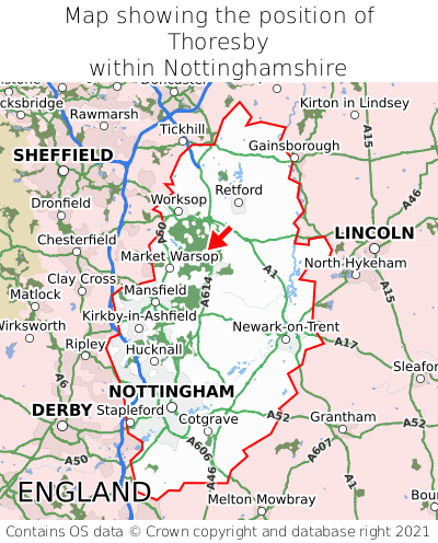 Map showing location of Thoresby within Nottinghamshire