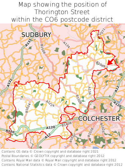 Map showing location of Thorington Street within CO6