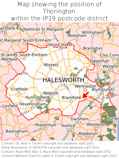 Map showing location of Thorington within IP19