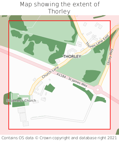 Map showing extent of Thorley as bounding box