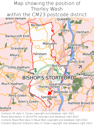 Map showing location of Thorley Wash within CM23