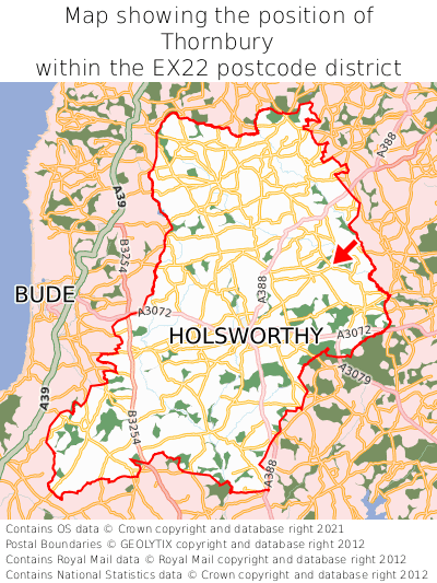 Map showing location of Thornbury within EX22