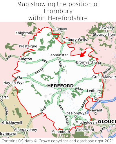 Map showing location of Thornbury within Herefordshire
