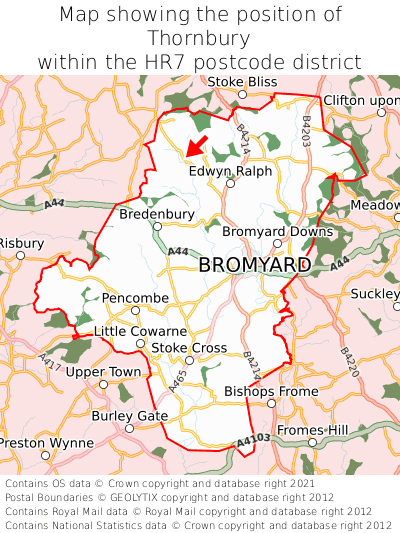 Map showing location of Thornbury within HR7